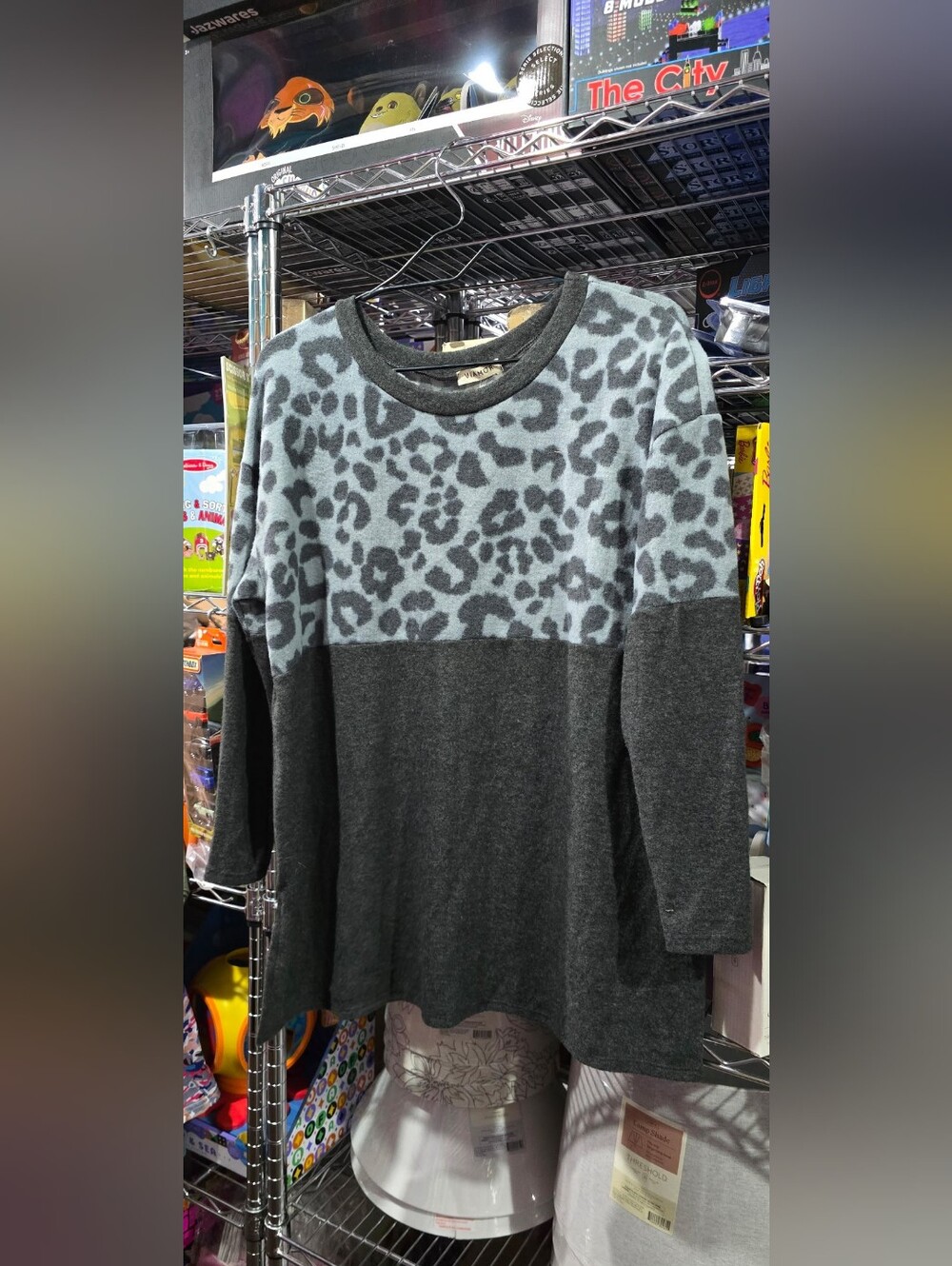 New Medium Mixed Gray Leopard-Panel Women's Sweater